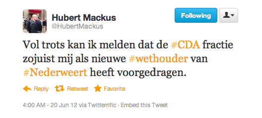 Tweet Hubert Mackus Wethouder