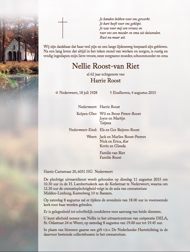 Nellie Roost-van Riet familie bericht