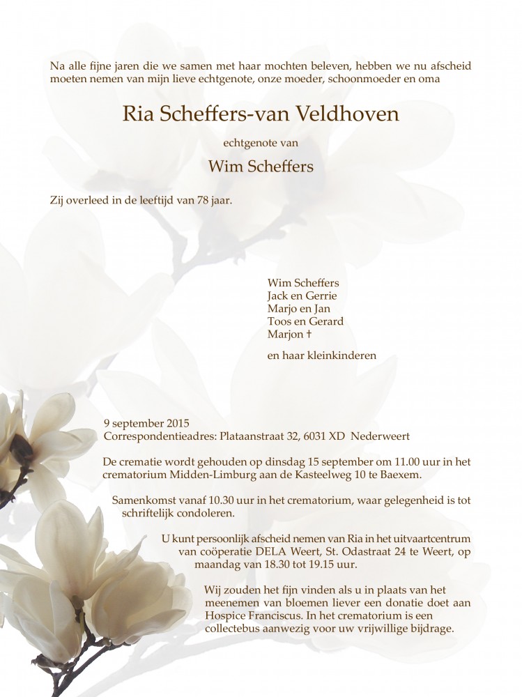 Overlijdensbericht Ria scheffers-van veldhoven