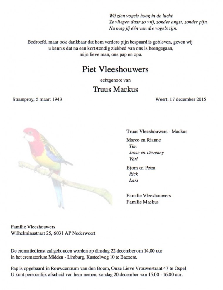 Overlijdensbericht brief Piet Vleeshouwers