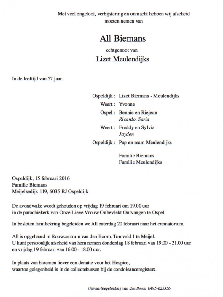 Overlijdensbericht All Biemand