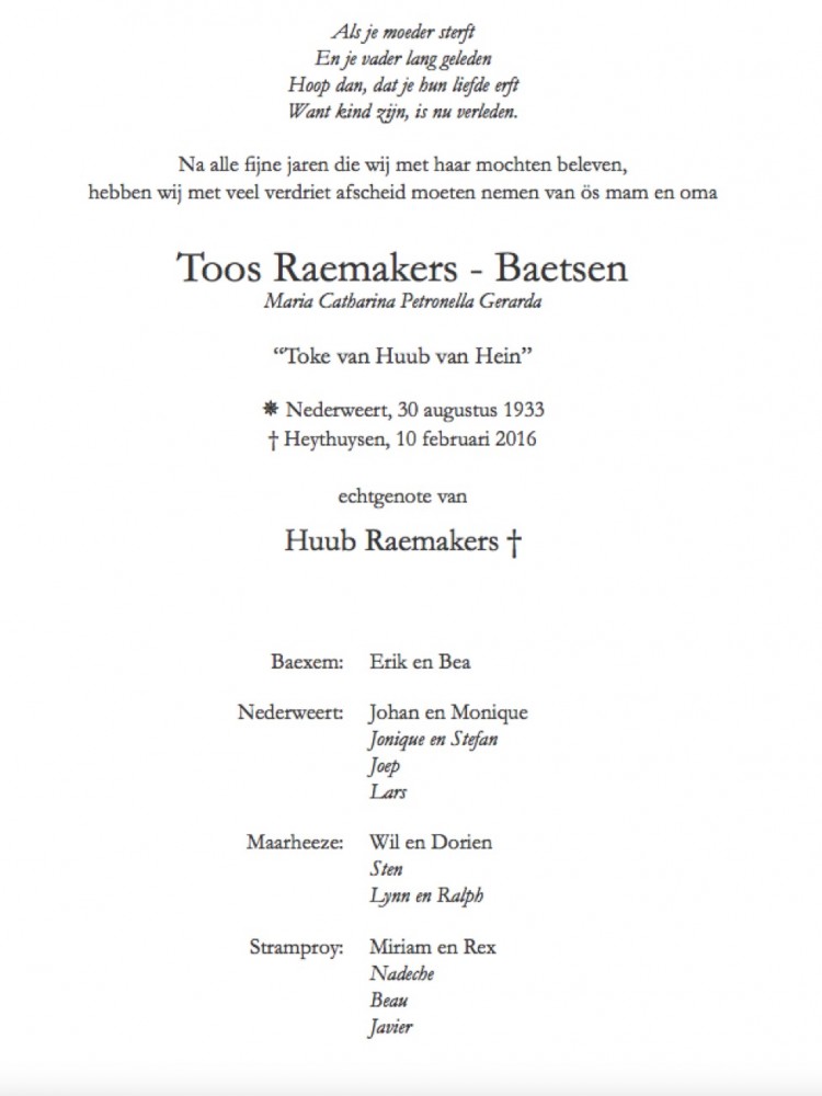 Overlijdensbericht Toos Raemakers - Baetsen 1