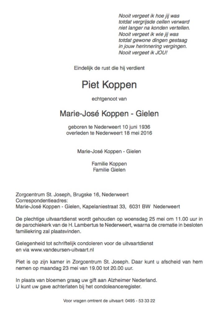Overlijdensbericht Piet Koppen 1