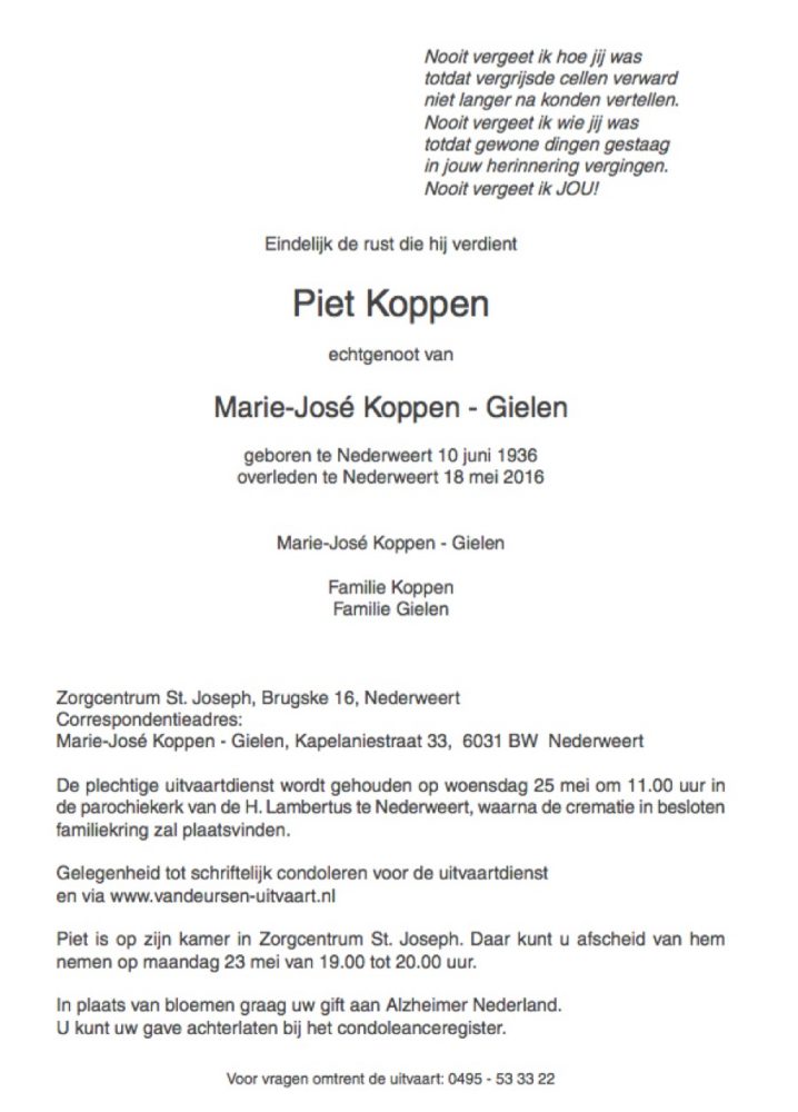 Overlijdensbericht Piet Koppen 1