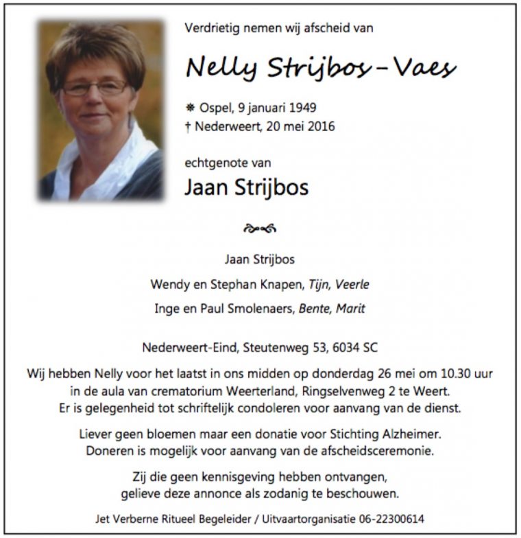 rouwadvertentie Nelly Strijbos-Vaes