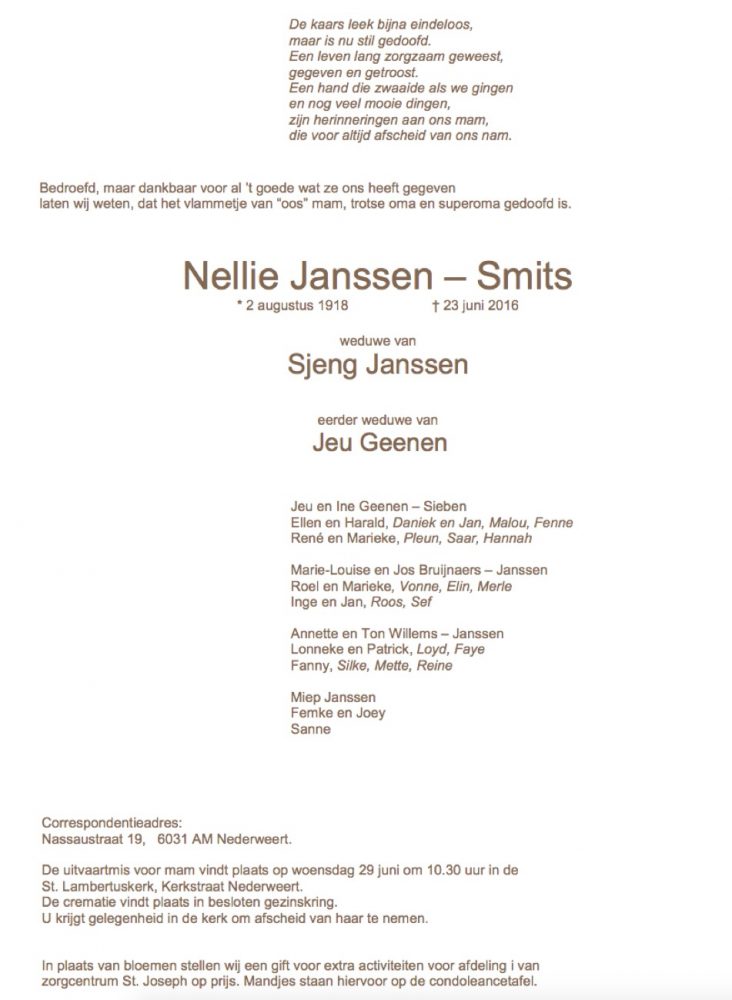 Overlijdensbericht Nellie Janssen - Smits