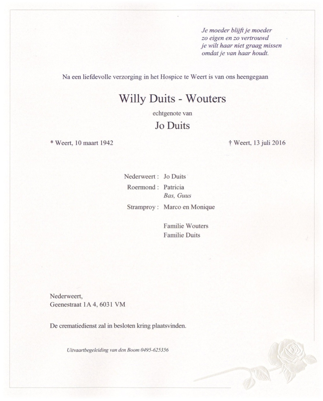 Rouwadvertentie Willy Duits - Wouters