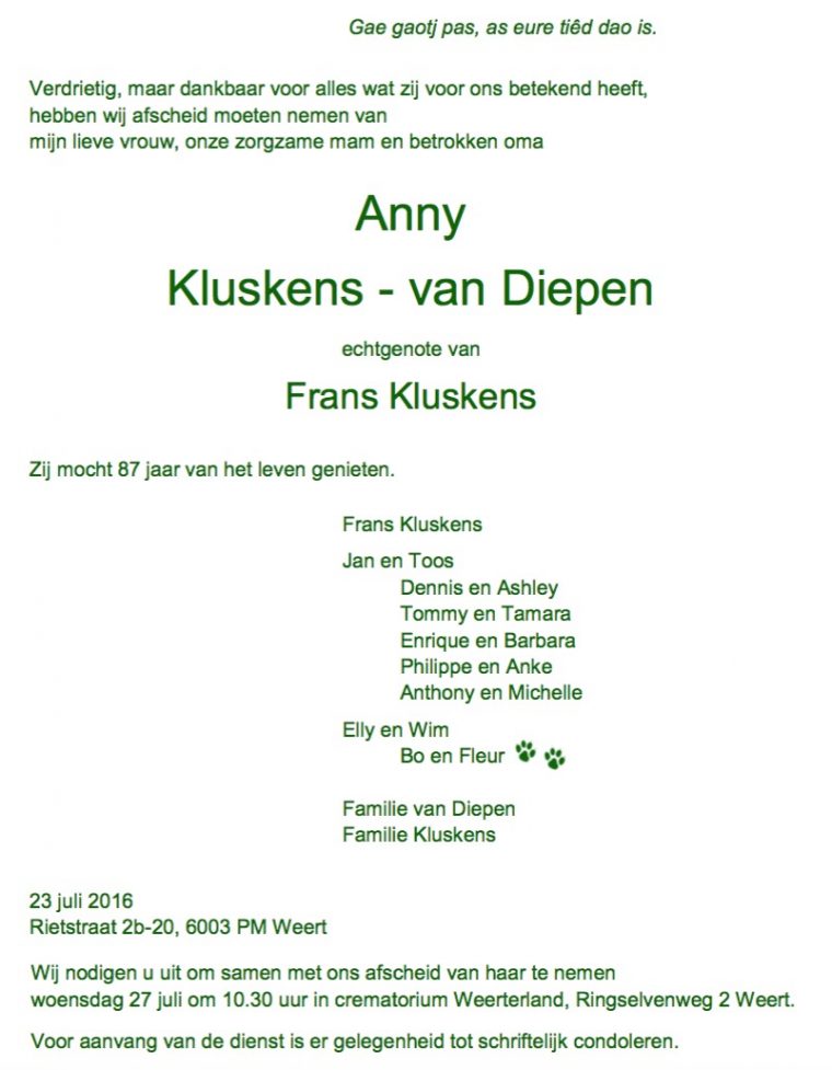 Rouwkaart Anny Kluskens - van Diepen Weert 2