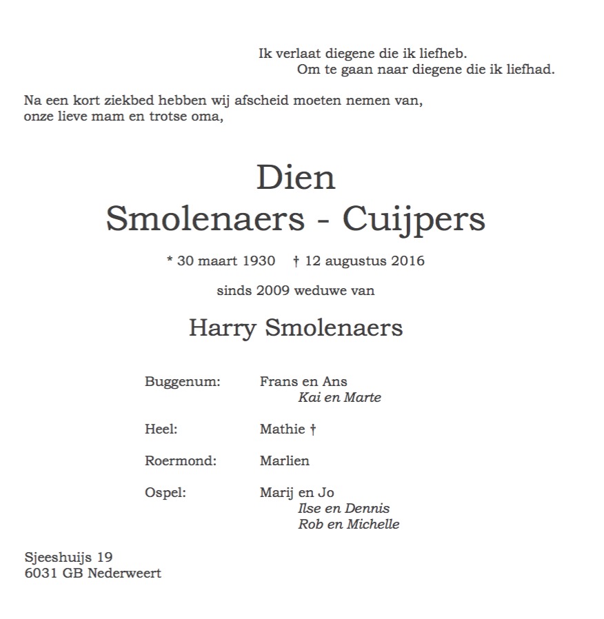 Overlijdensbericht Dien Smolenaers - Cuijpers