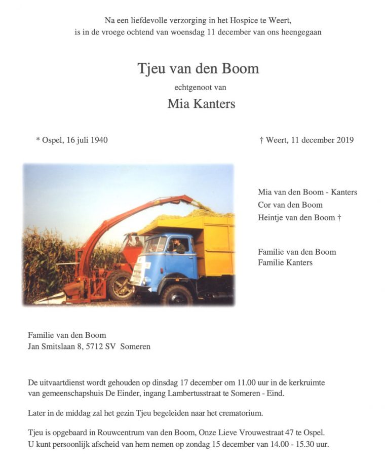 Rouwadvertentie Tjeu van den Boom