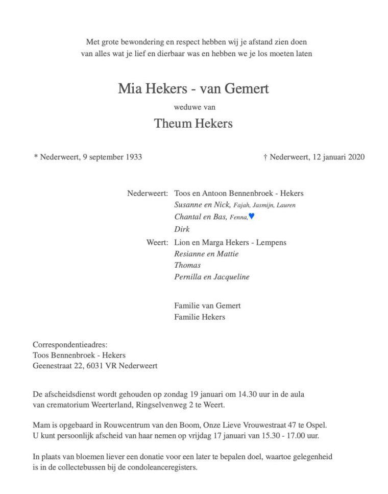 Rouwadvertentie Mia Hekers - van Gemert