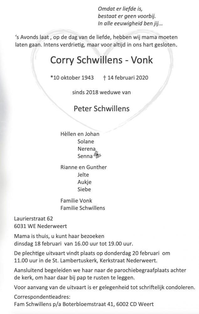 Overlijdensbericht: Corry Schwillens - Vonk