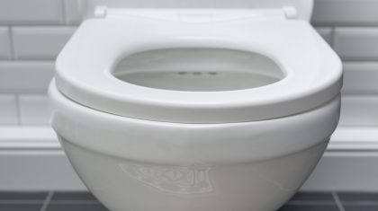 White ceramic toilet bowl in the bathroom interior close-up.