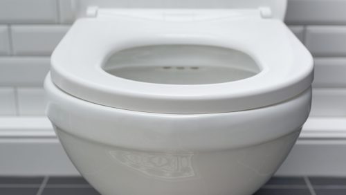 White ceramic toilet bowl in the bathroom interior close-up.